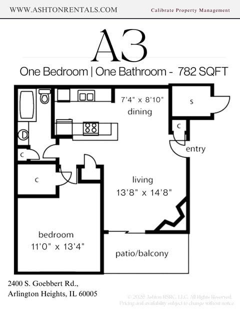 Floor plan for 1 bed, 1 bath, 782 sqft